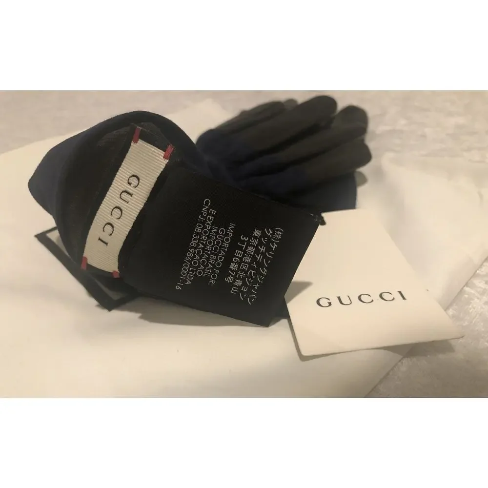 NWT Gucci Viola Blue Suede & Black Leather Marmont Logo Gloves Sz 7.5/M $630.00